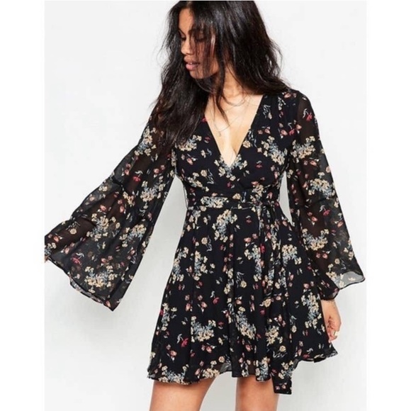 Free People Chiffon Lilou Black Floral Faux Wrap Mini Dress (Medium) - Picture 13 of 15